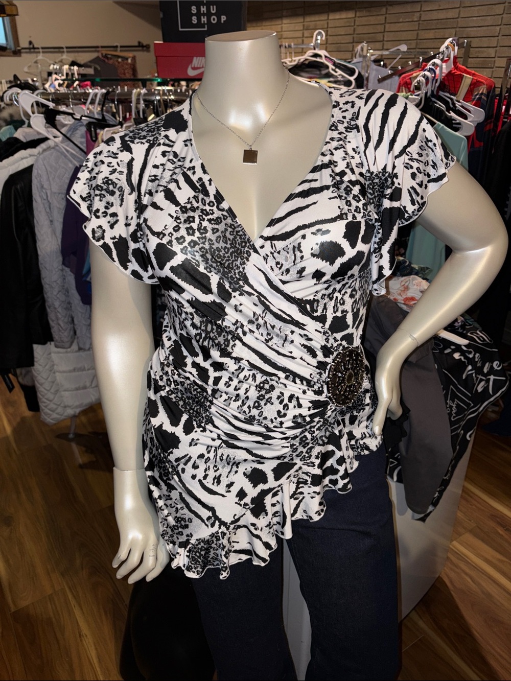 Sioni Black & White nwot rhinestone Animal-Print Wrap Blouse medium